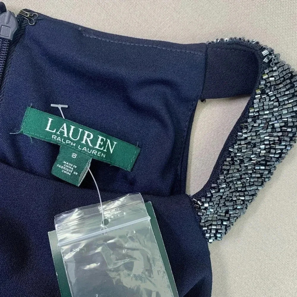 Lauren Ralph Lauren Halter Beaded Cocktail Pencil Dress Women Size 8 Blue Ruffle - Picture 13 of 15